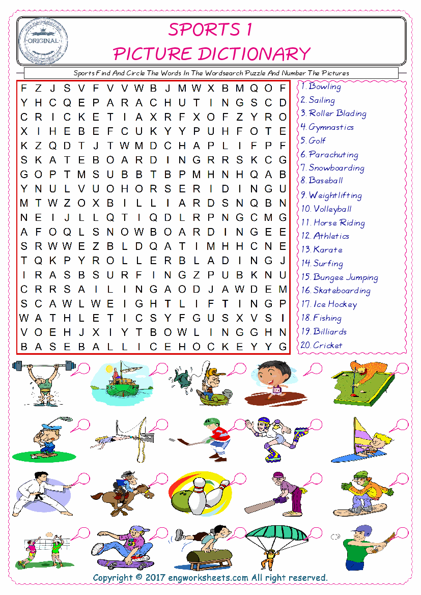  ESL wordsearch worksheets for kids, find Sports words in the word wordsearch write its number on its picture English worksheet. 